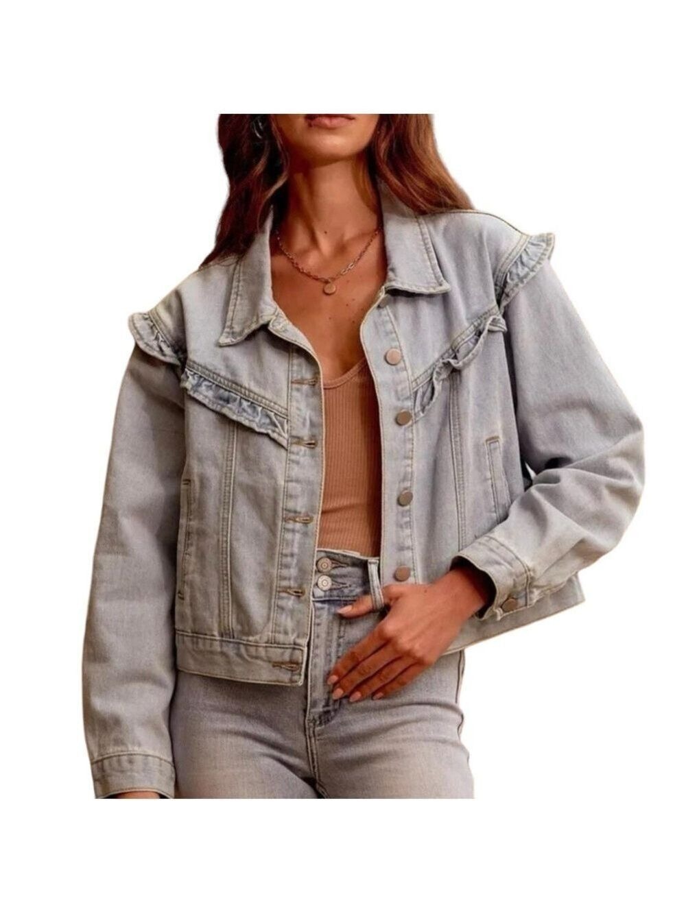 Andree by Unit Savanna Jane Ruffle Girly Relaxed Fit Light Wash Denim Jacket